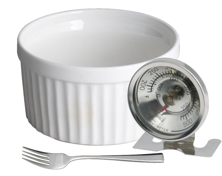 Royal White Ramekin Bowl with Oven Thermometer and Dessert Fork